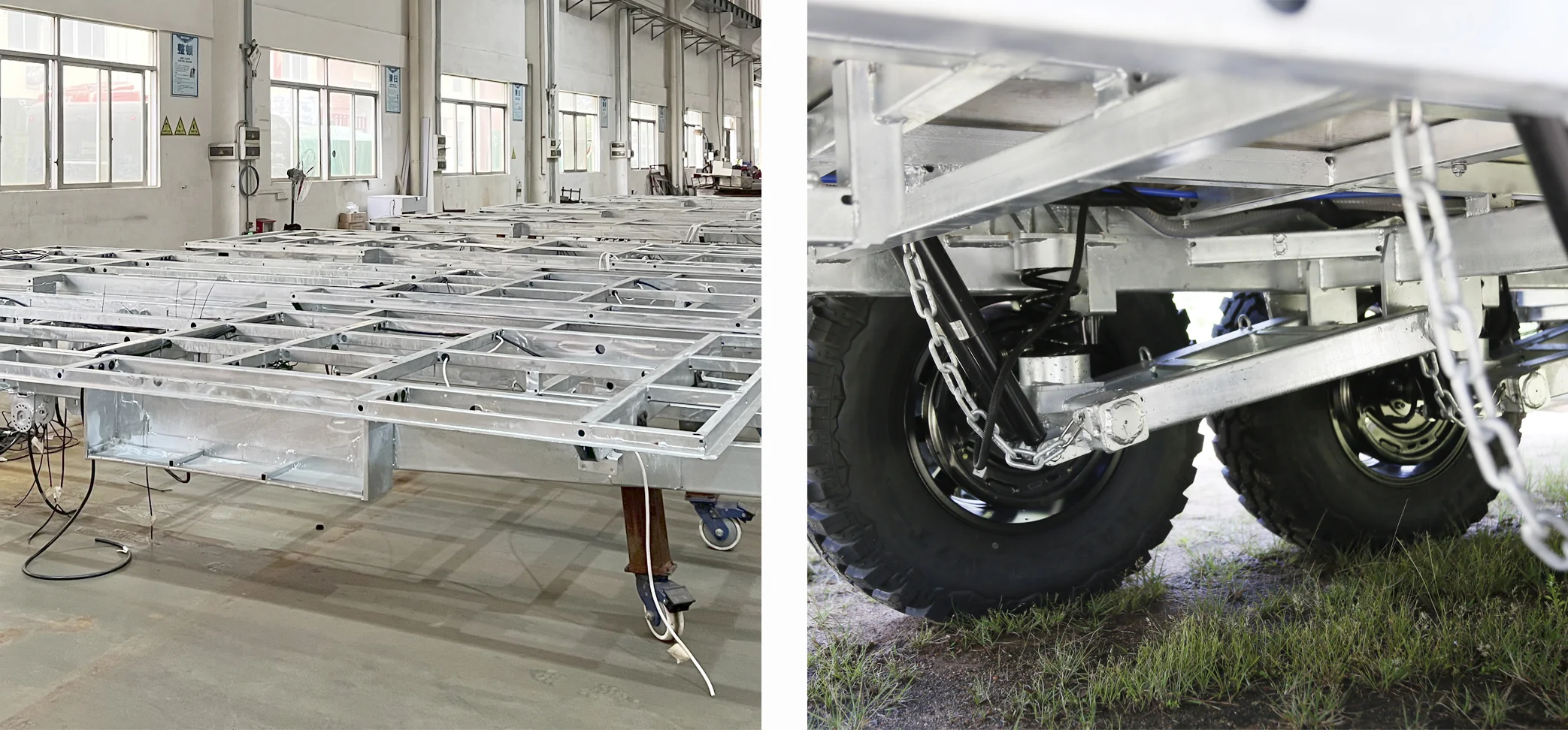 Ecocampor caravan chassis manufacturing process — galvanised steel frame production and heavy-duty suspension assembly