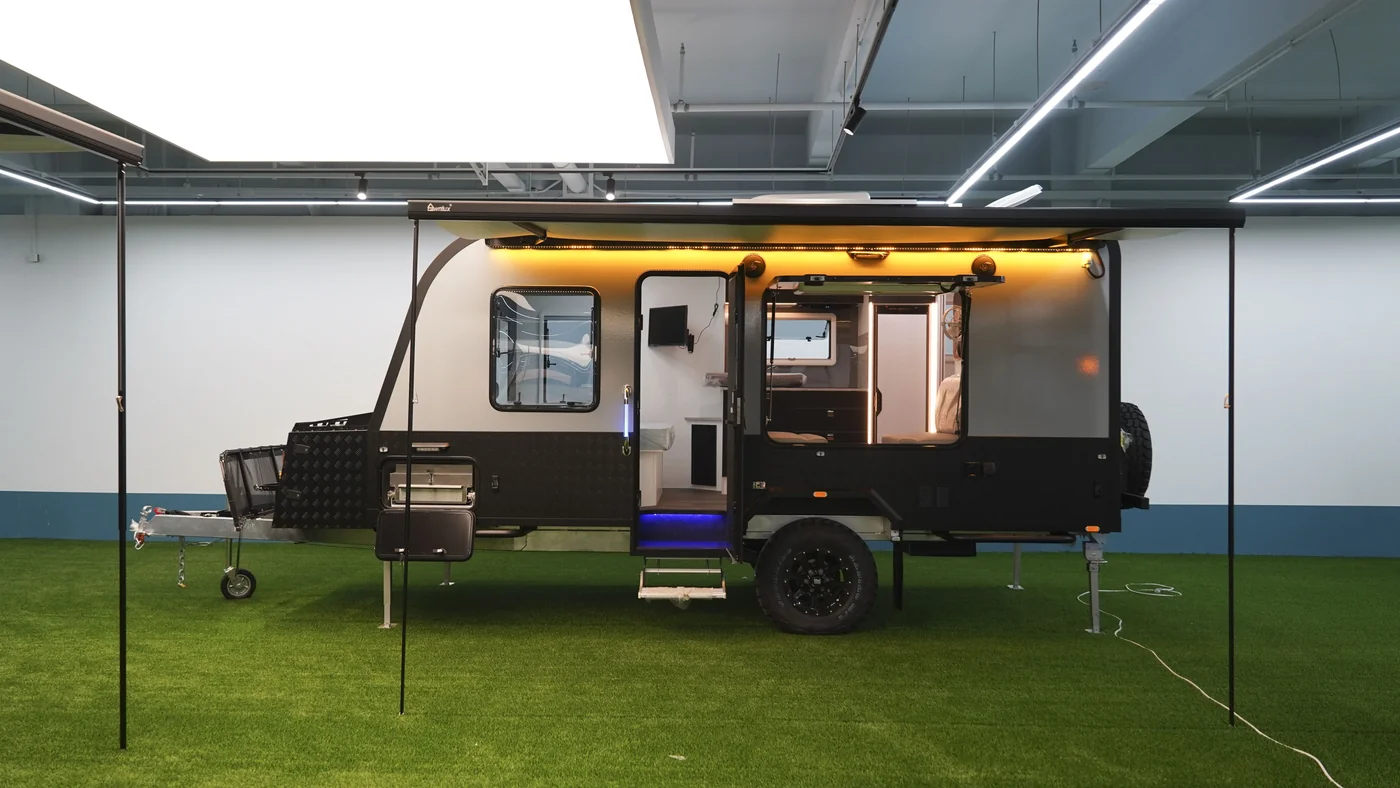 Ecocampor off-road caravan with extended awning on display — factory-direct supply for Australian dealers