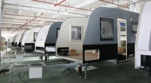 Ecocampor caravan fleet supplier Australia — production line with multiple units for bulk rental fleet orders