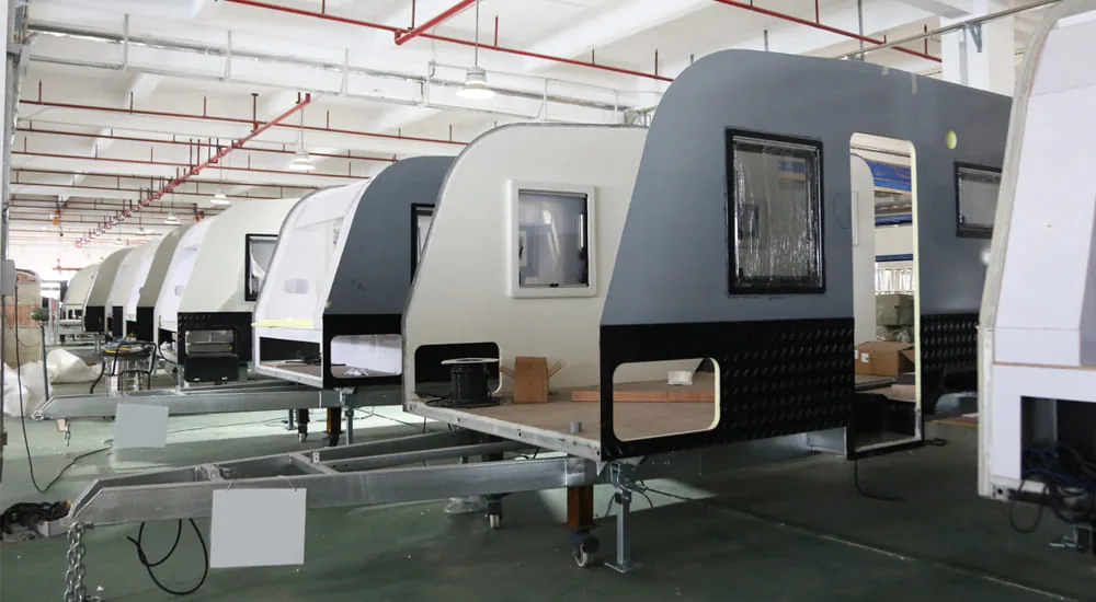 Ecocampor caravan fleet supplier Australia — production line with multiple units for bulk rental fleet orders